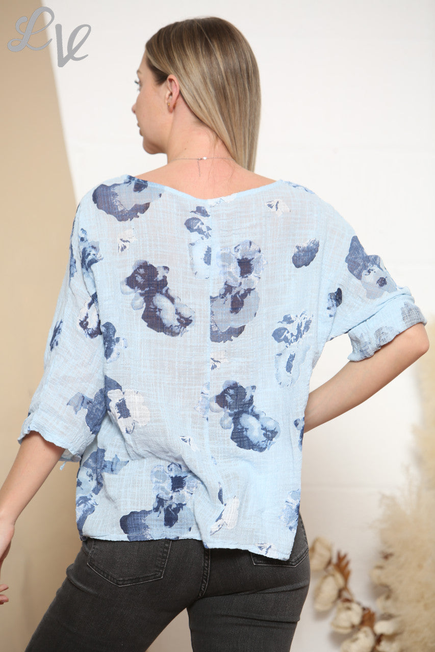 Dames Top met Abstract Bloemenprint Hemelsblauw
