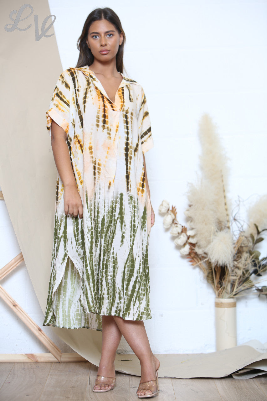 Dames Tie Dye Overhemdjurk Khaki