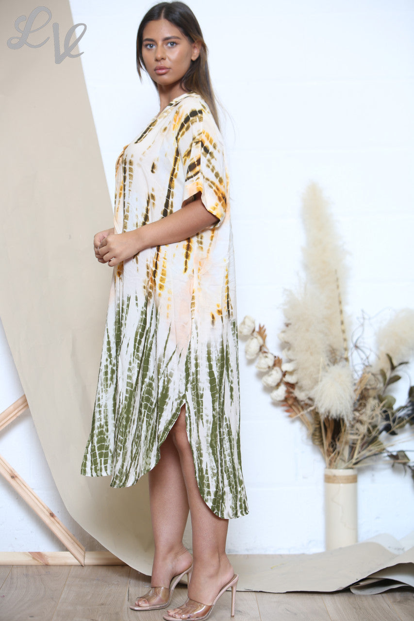 Dames Tie Dye Overhemdjurk Khaki