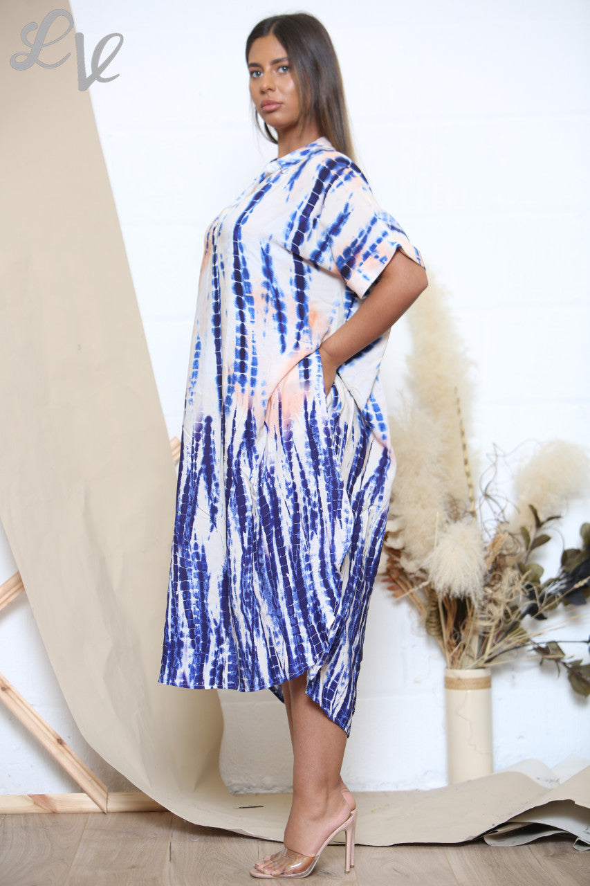 Ladies Tie Dye Shirt Dress Royal Blue