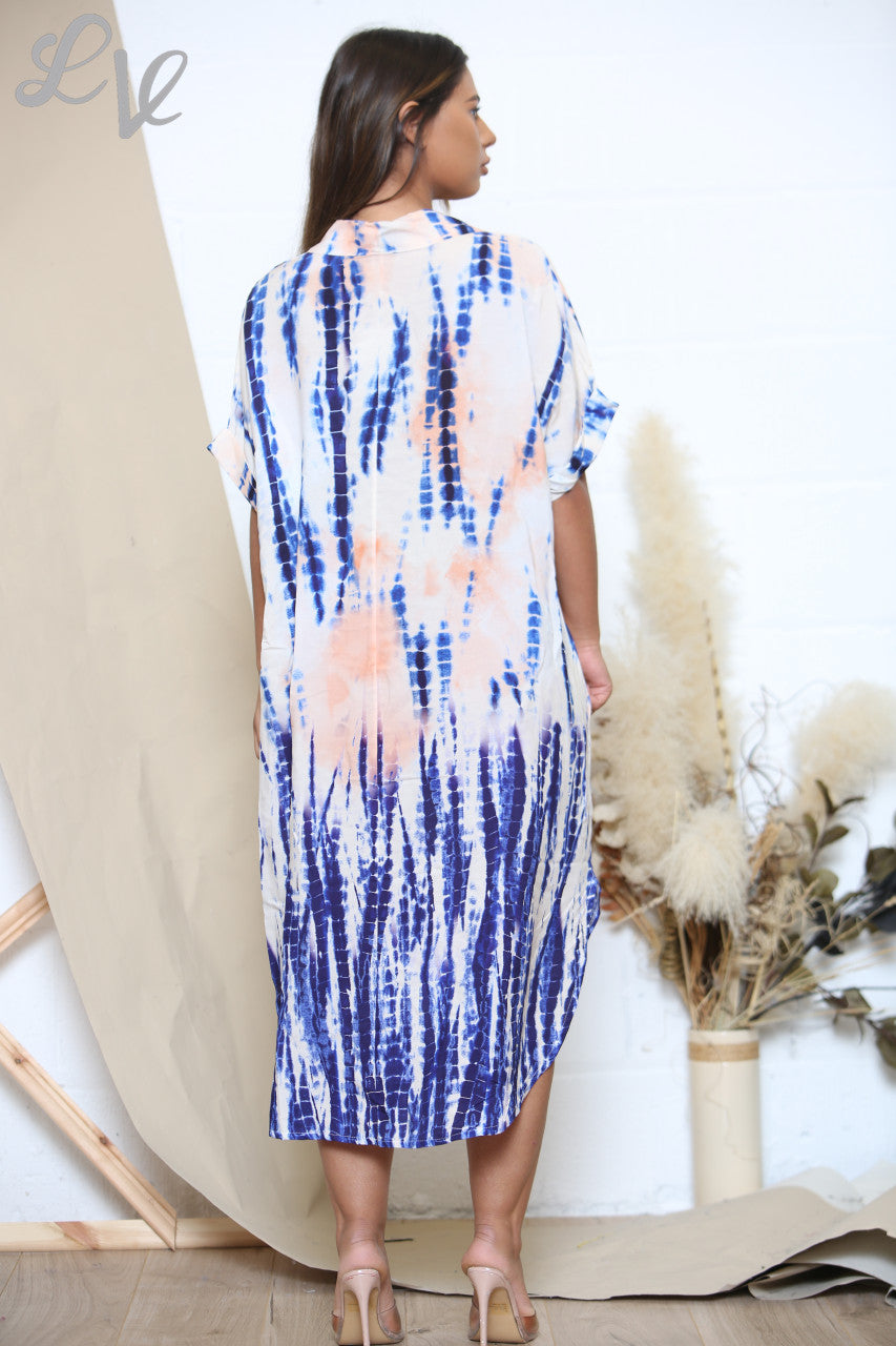 Ladies Tie Dye Shirt Dress Royal Blue
