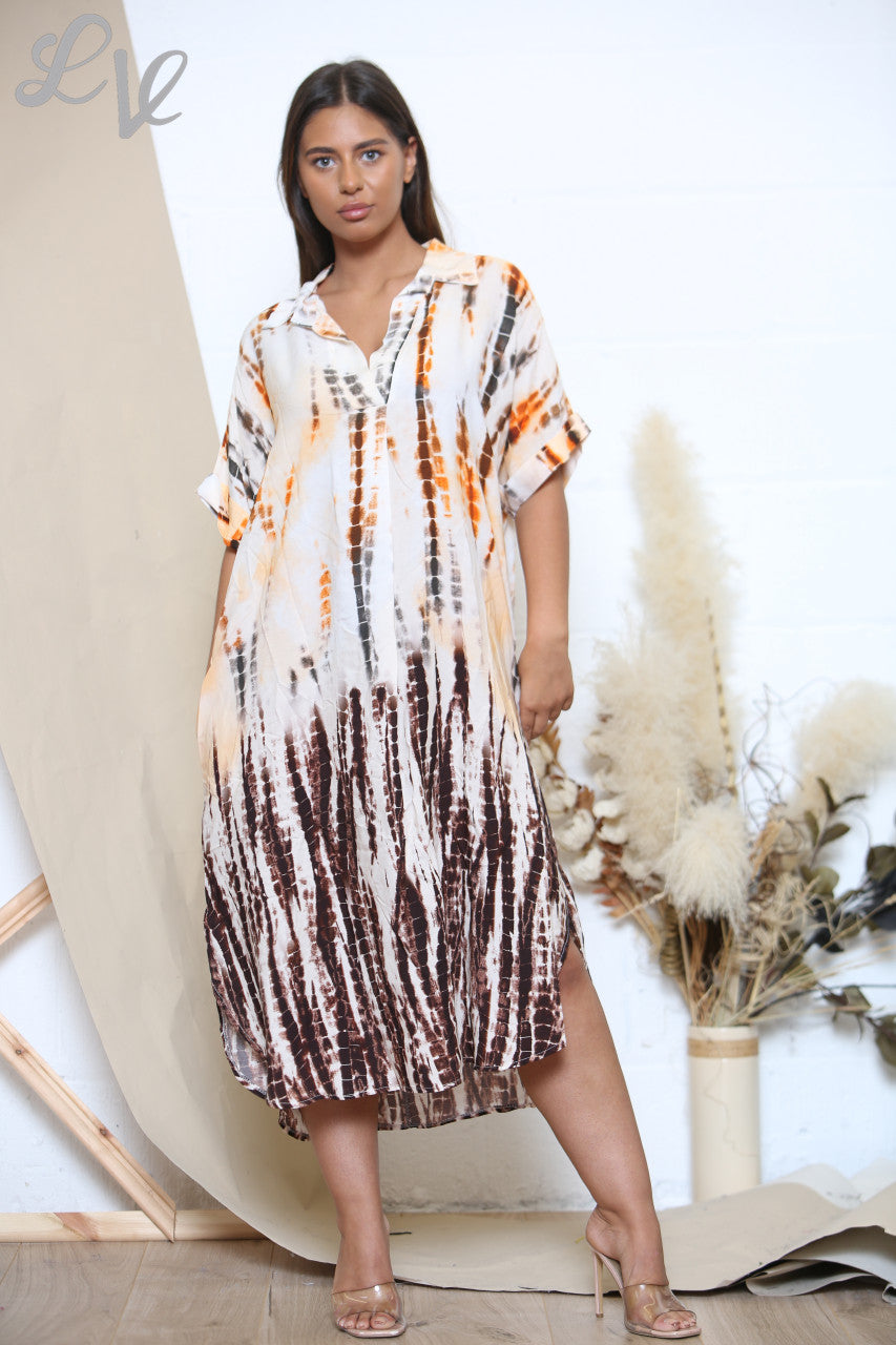 Ladies Tie Dye Shirt Dress Brown