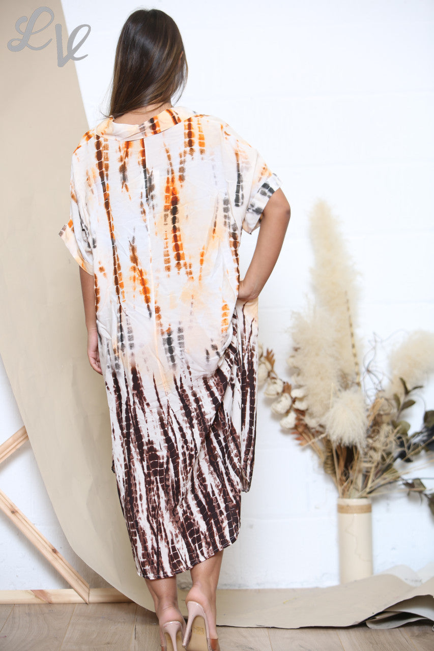 Ladies Tie Dye Shirt Dress Brown