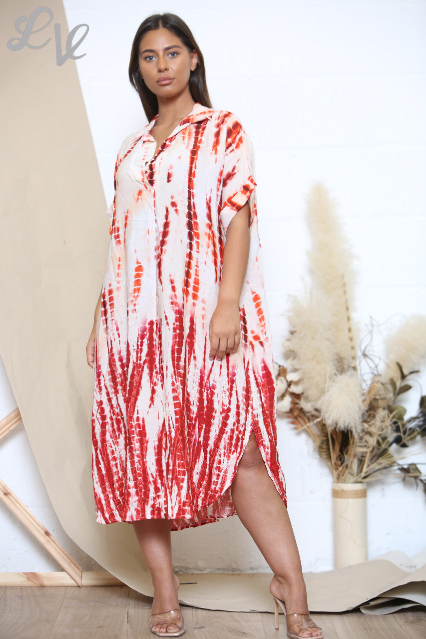 Ladies Tie Dye Shirt Dress Red