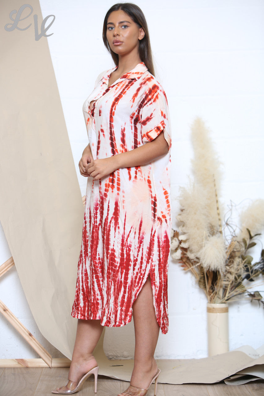 Ladies Tie Dye Shirt Dress Red