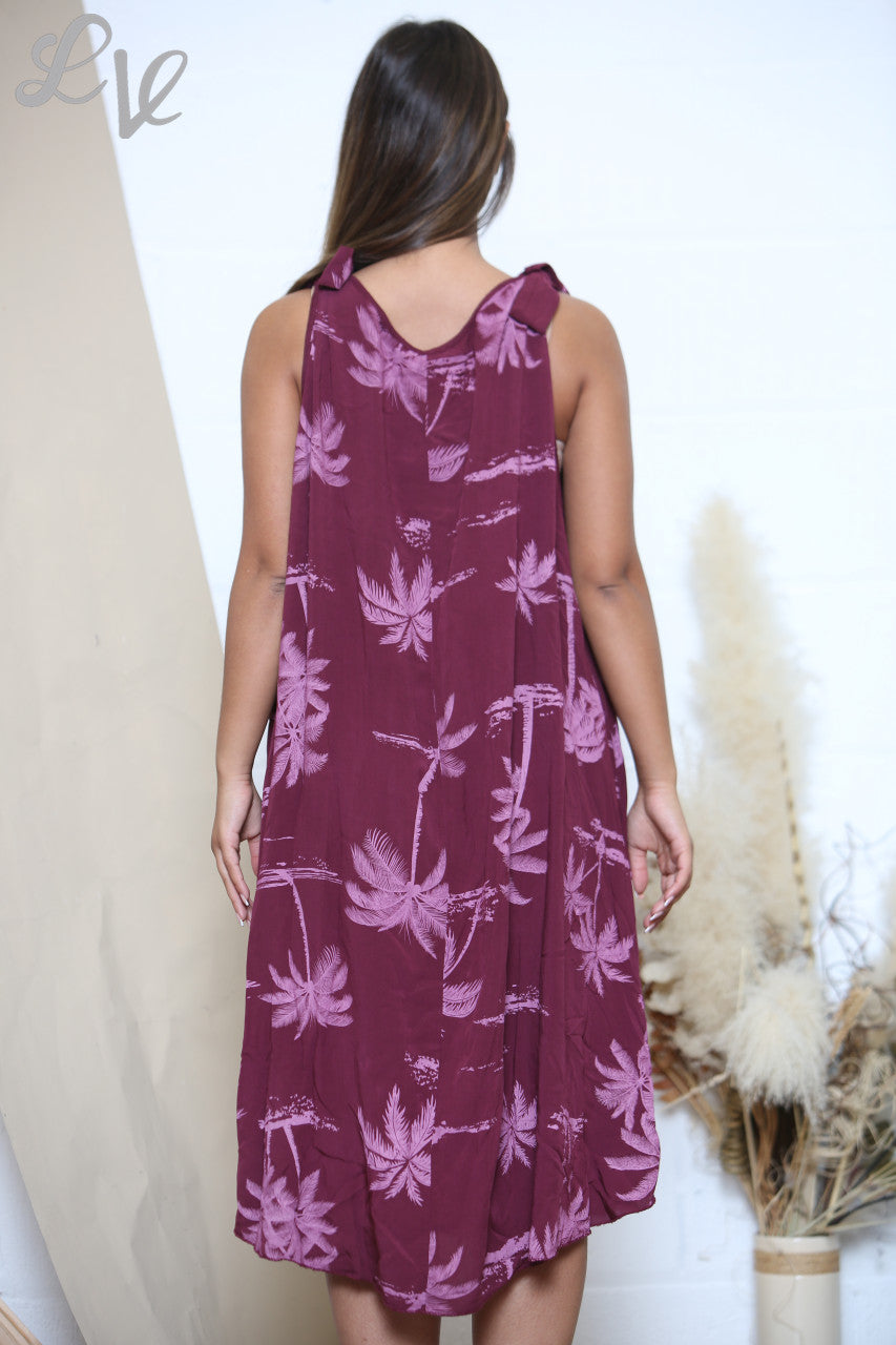 Ladies Palm Tree Print Tie Shoulder Dress Burgundy