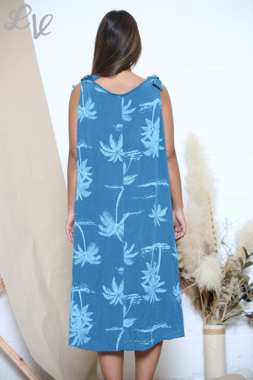 Ladies Palm Tree Print Tie Shoulder Dress Teal