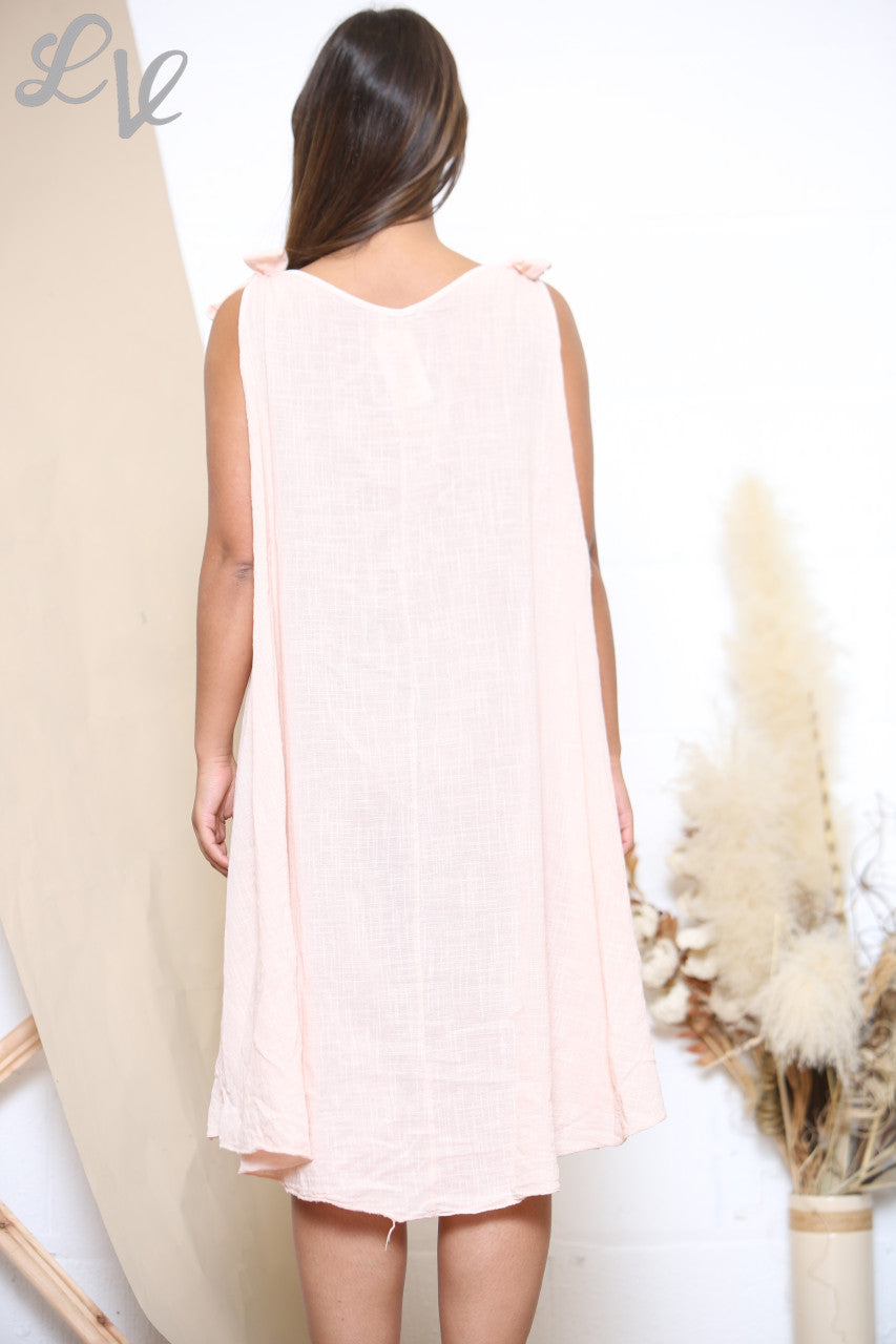 Ladies Plain Tie Shoulder Swing Dress Dusty Pink