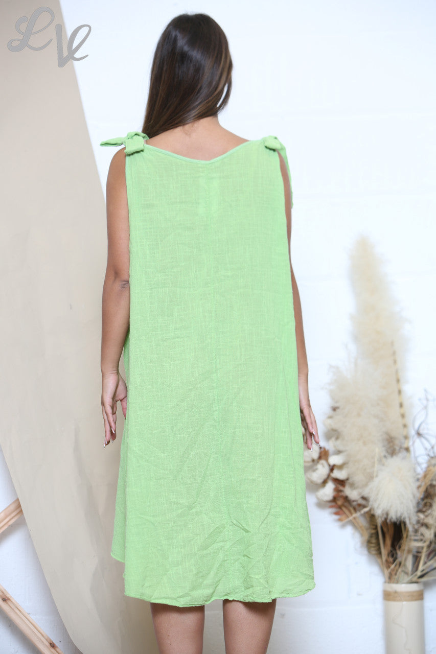 Ladies Plain Tie Shoulder Swing Dress Lime