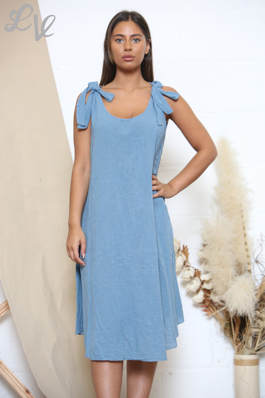 Dames Effen Swingjurk met Strikbandjes Denim
