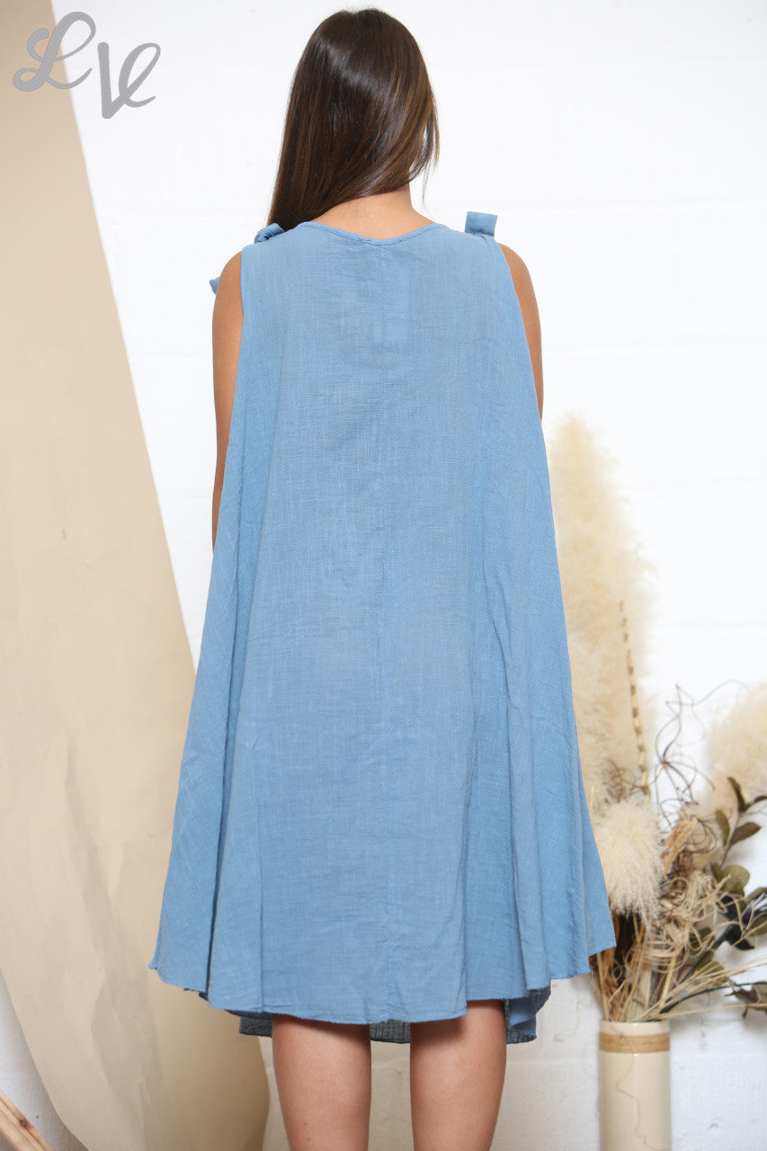 Ladies Plain Tie Shoulder Swing Dress Denim