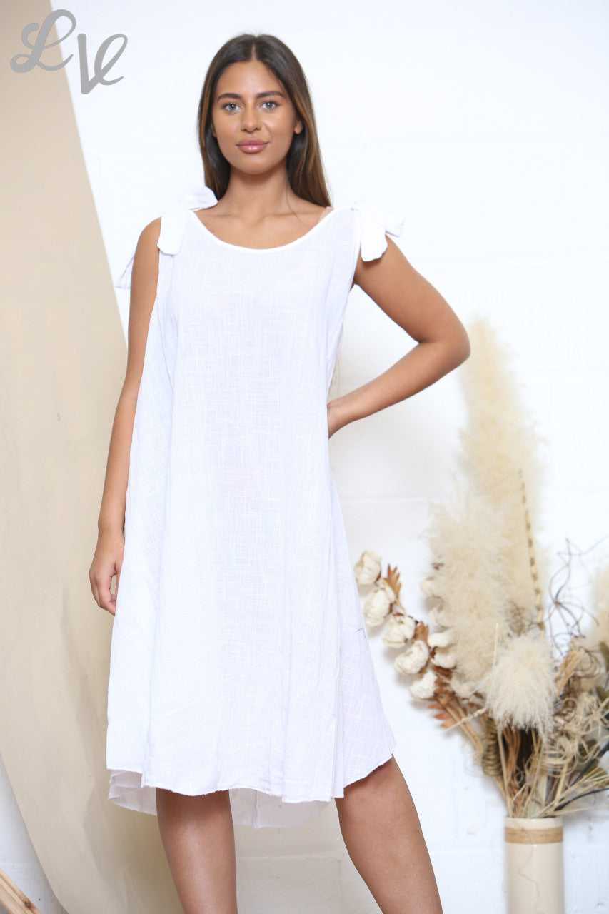 Ladies Plain Tie Shoulder Swing Dress White