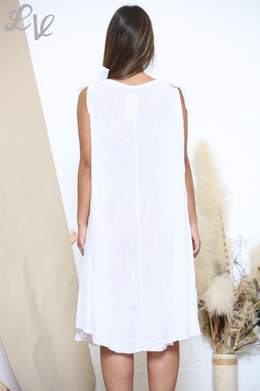 Ladies Plain Tie Shoulder Swing Dress White
