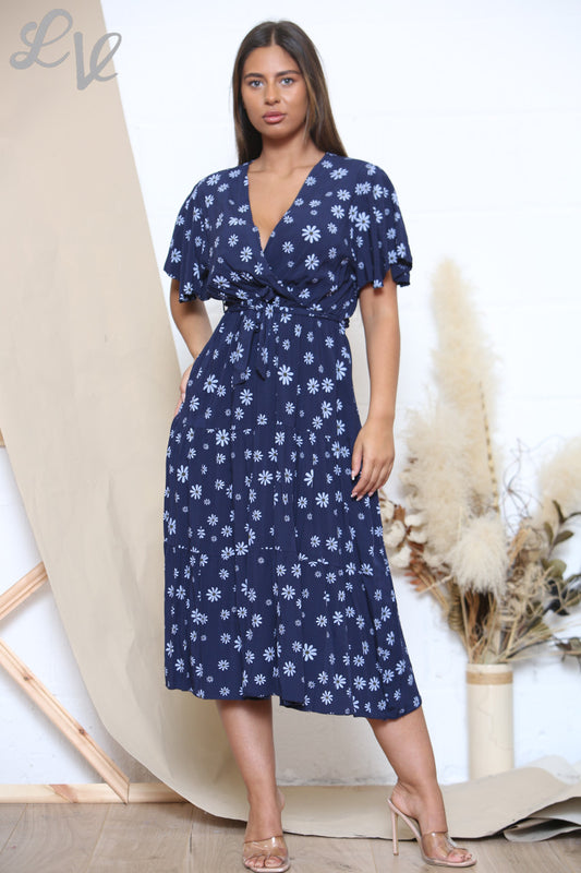 Dames midi-jurk met bloemenprint en madeliefjes Marineblauw