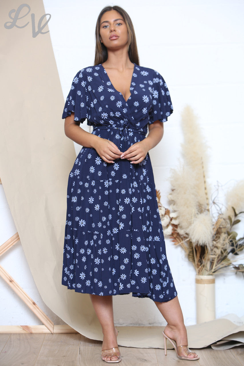 Dames midi-jurk met bloemenprint en madeliefjes Marineblauw