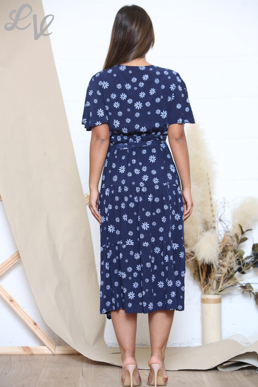 Dames midi-jurk met bloemenprint en madeliefjes Marineblauw