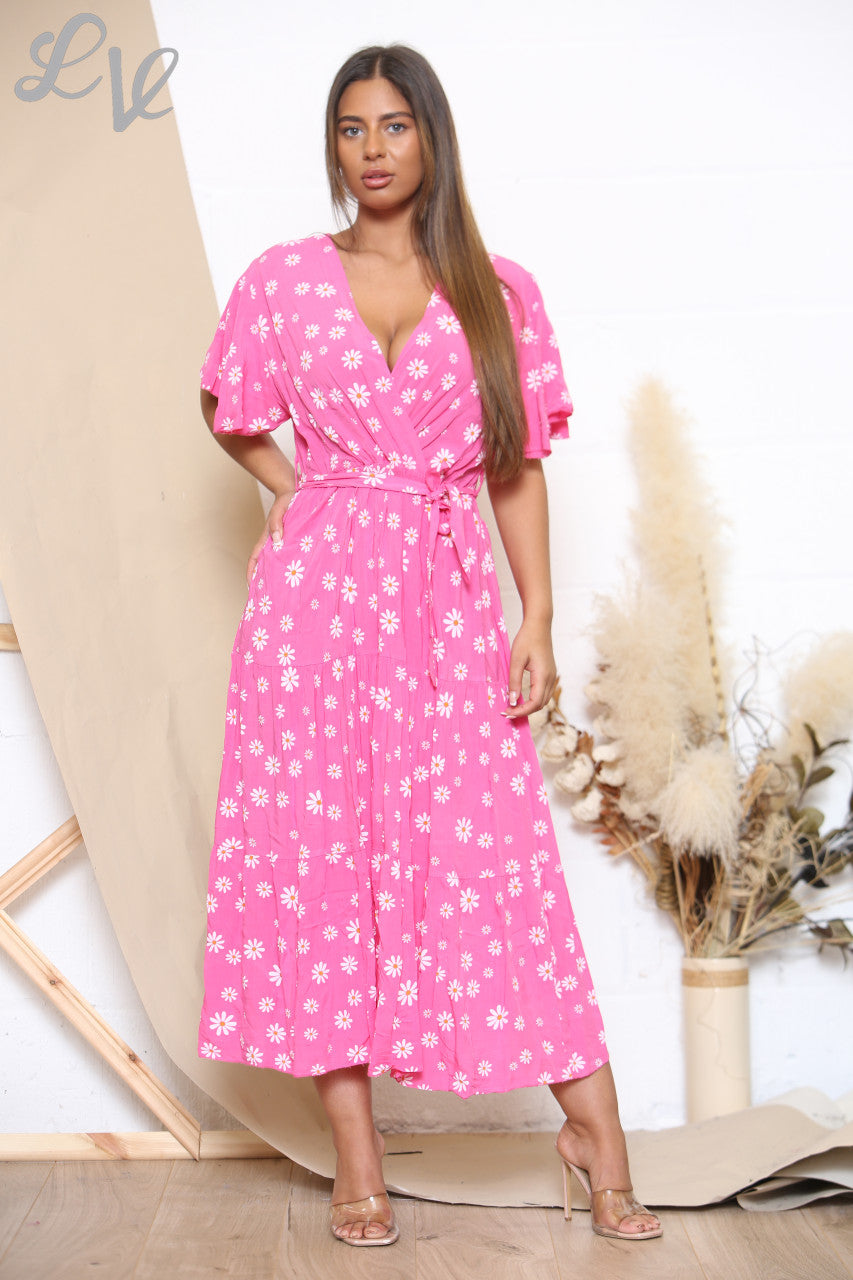 Ladies Daisy Floral Print Midi Dress Cerise