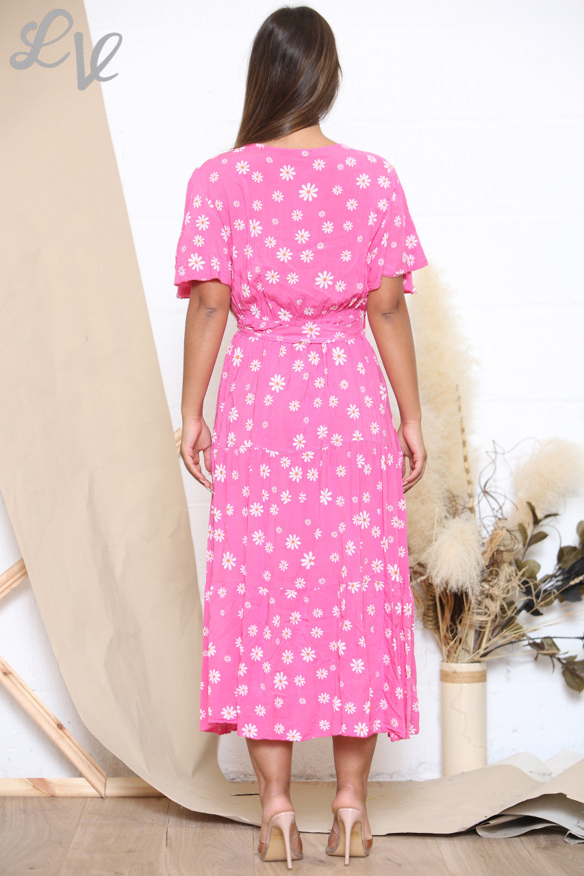 Ladies Daisy Floral Print Midi Dress Cerise