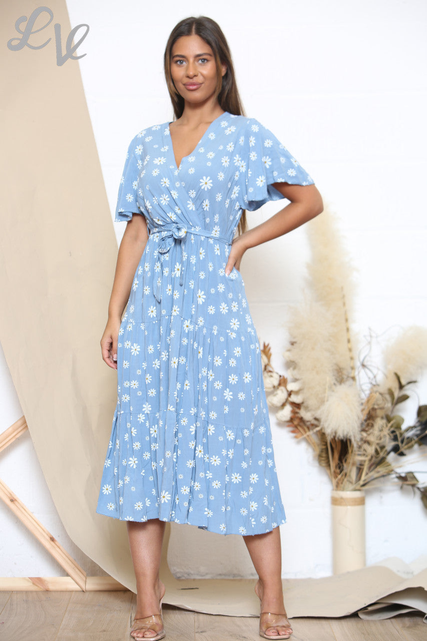 Ladies Daisy Floral Print Midi Dress Denim