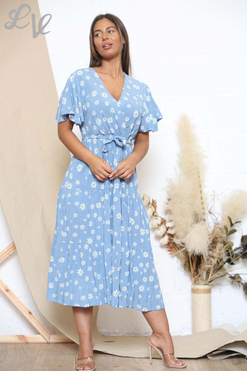 Ladies Daisy Floral Print Midi Dress Denim