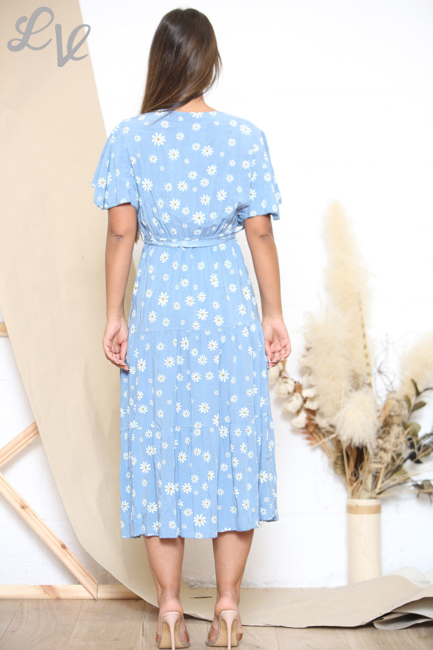 Ladies Daisy Floral Print Midi Dress Denim