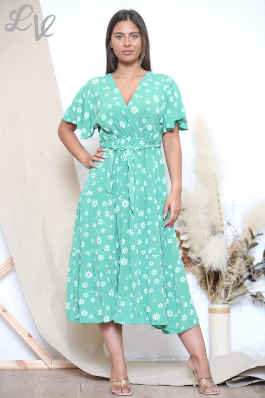 Dames midi-jurk met bloemenprint Daisy Groen