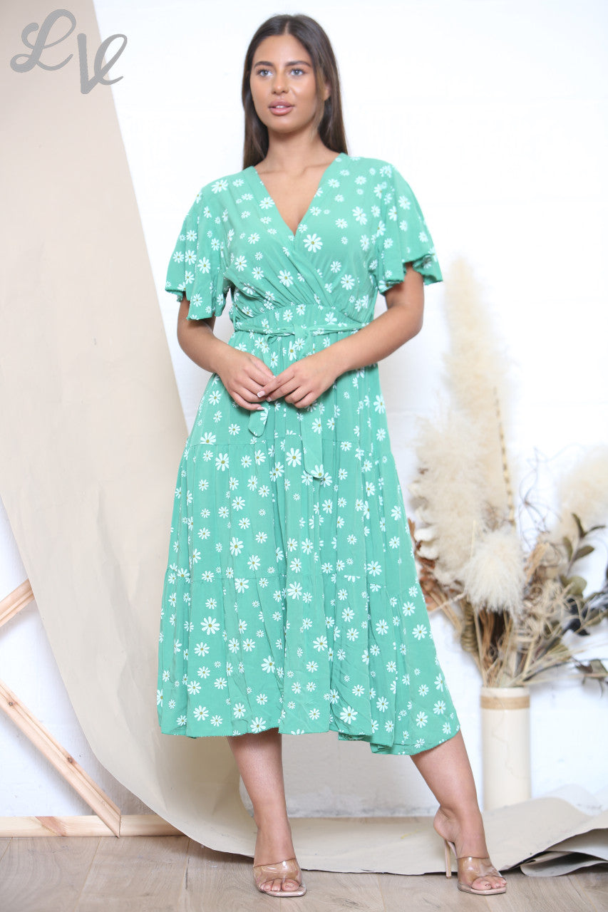 Ladies Daisy Floral Print Midi Dress Green