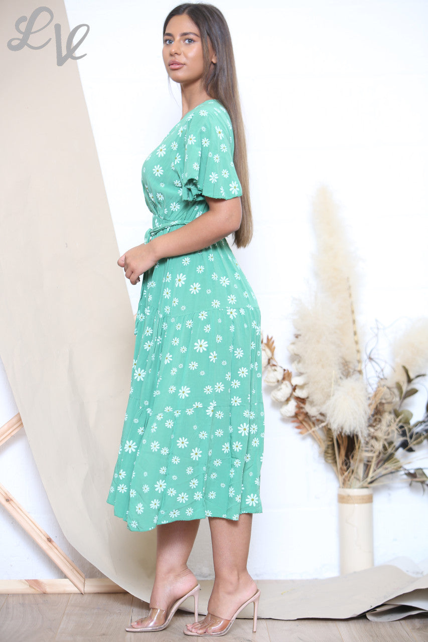 Ladies Daisy Floral Print Midi Dress Green