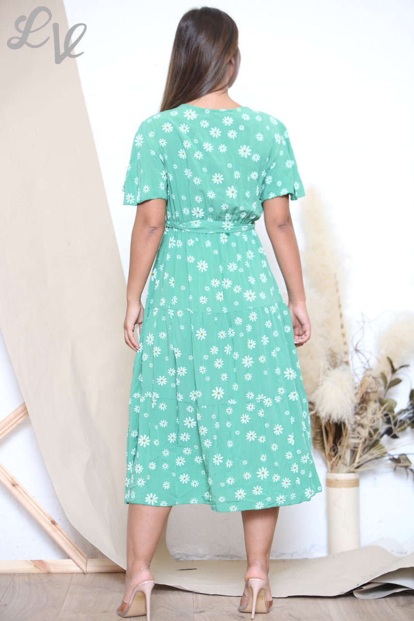 Ladies Daisy Floral Print Midi Dress Green
