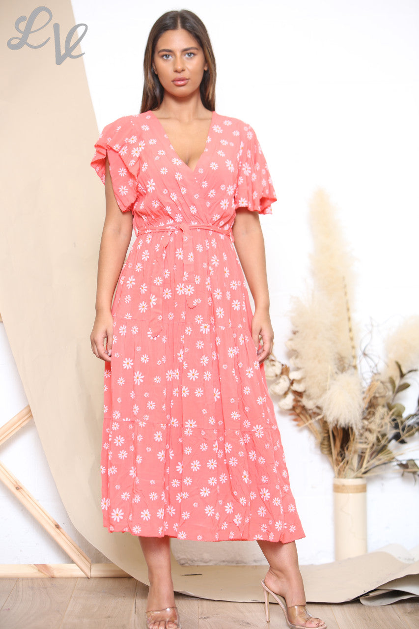 Dames Midi Jurk met Madeliefjesprint Koraal