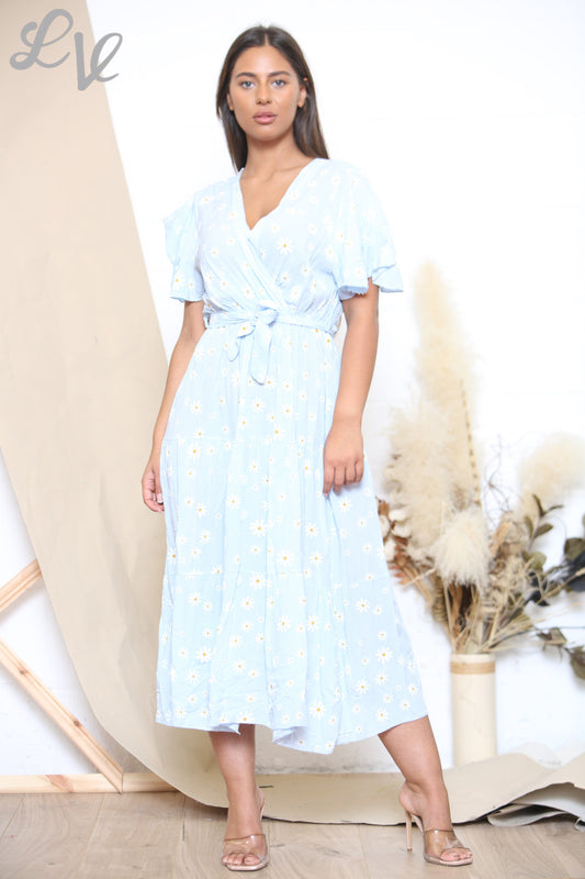 Dames Midi Jurk met Madeliefjesprint Hemelsblauw