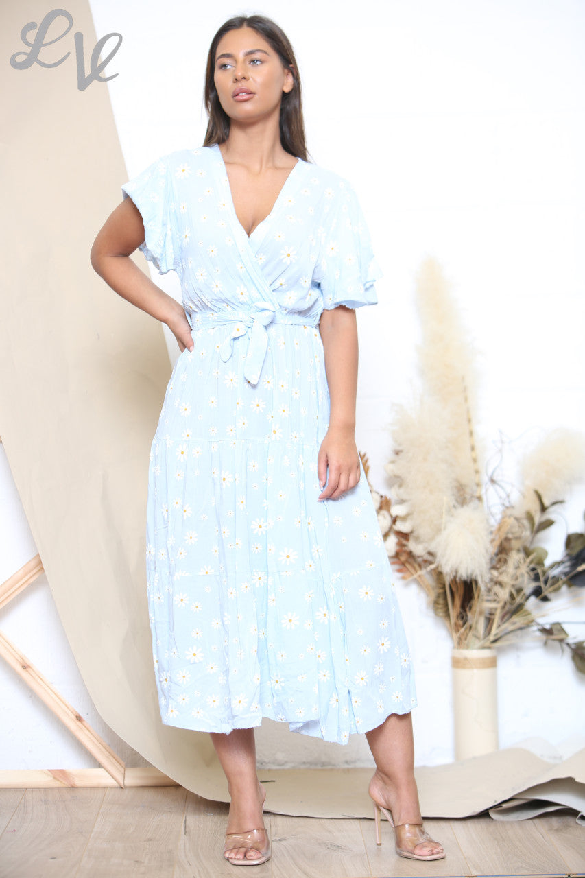 Dames Midi Jurk met Madeliefjesprint Hemelsblauw