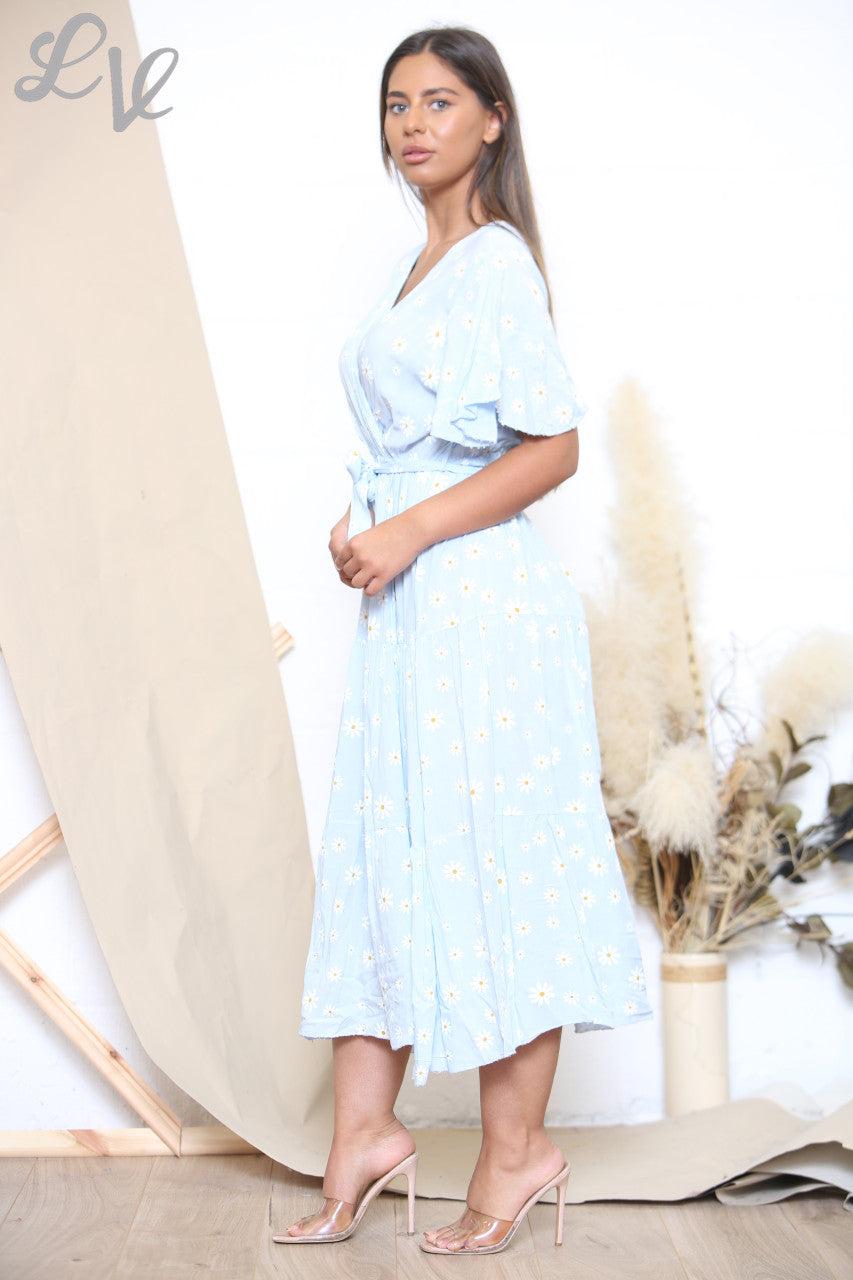 Dames Midi Jurk met Madeliefjesprint Hemelsblauw