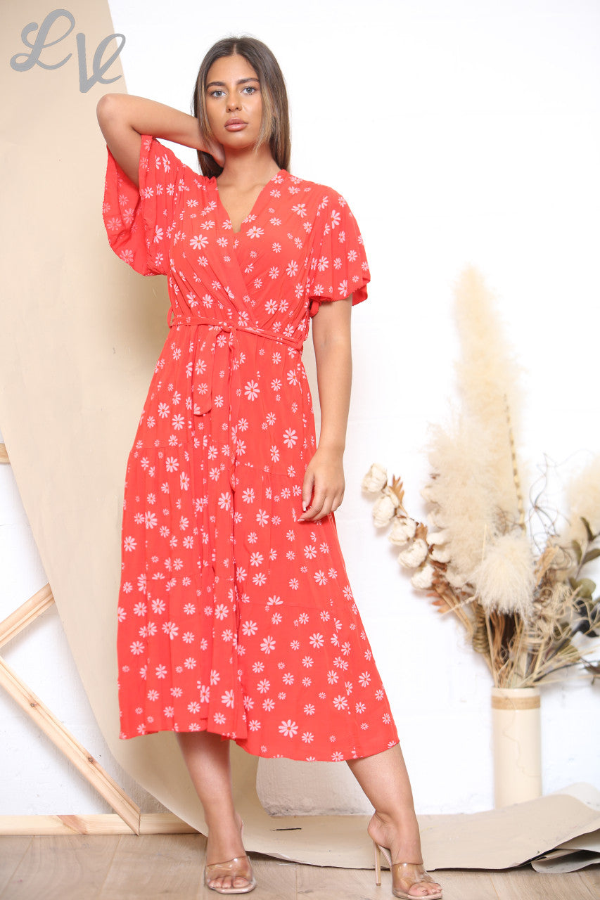 Ladies Daisy Floral Print Midi Dress Red