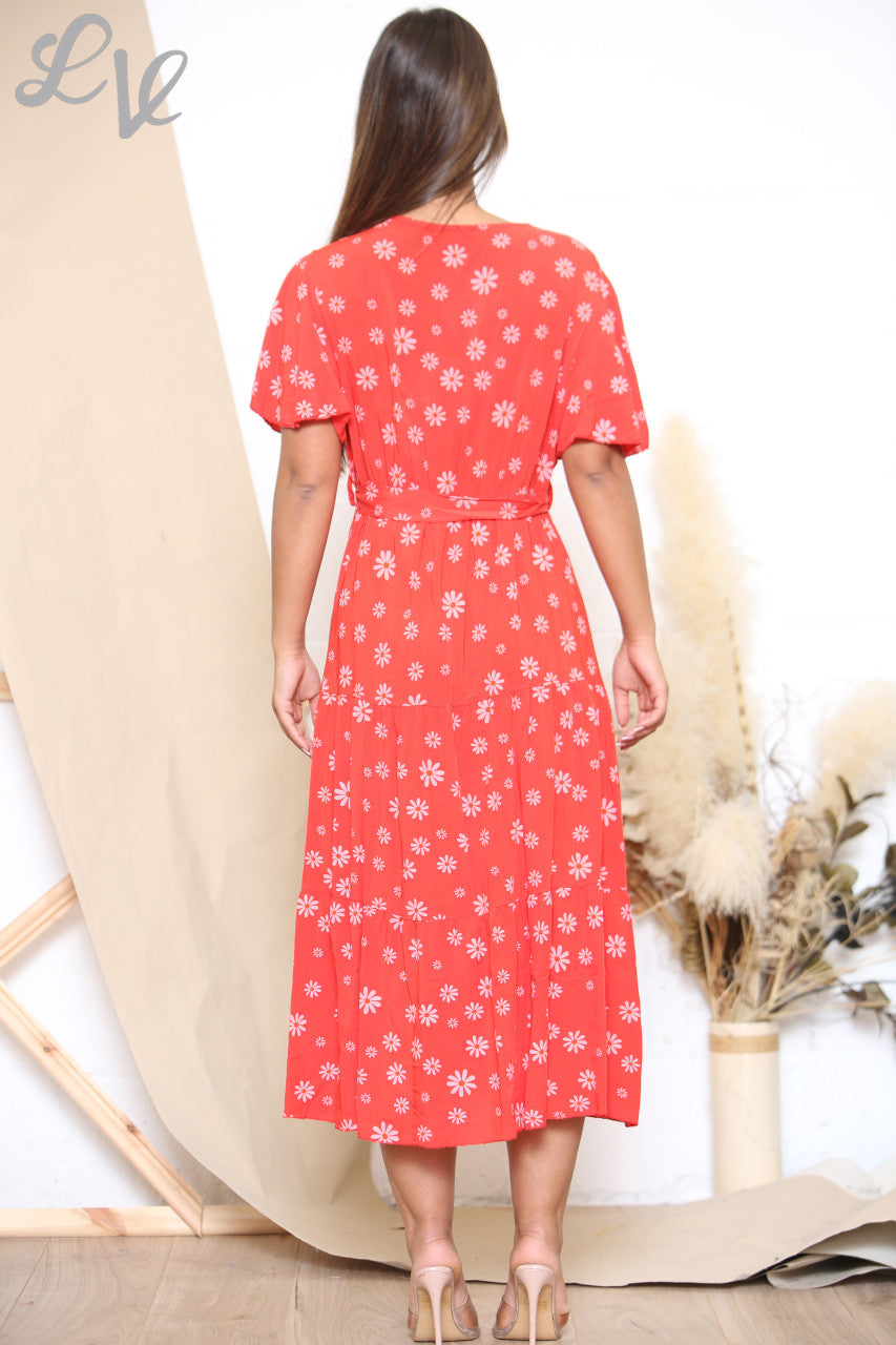 Ladies Daisy Floral Print Midi Dress Red