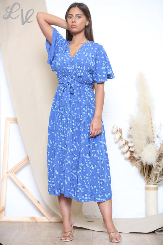 Dames midi-jurk met bloemenprint en kleine bloemetjes, koningsblauw