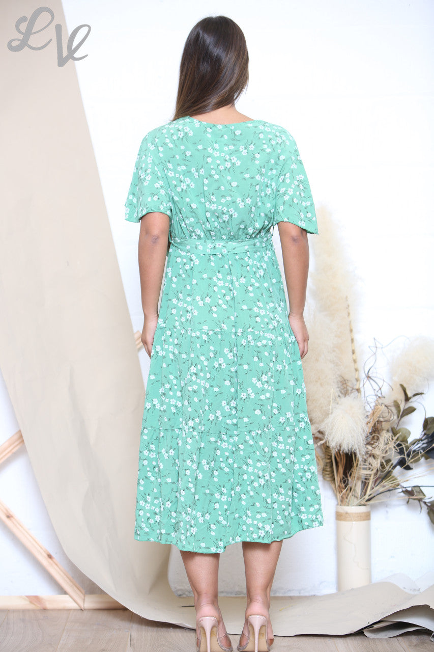 Ladies Ditsy Floral Print Midi Dress Green