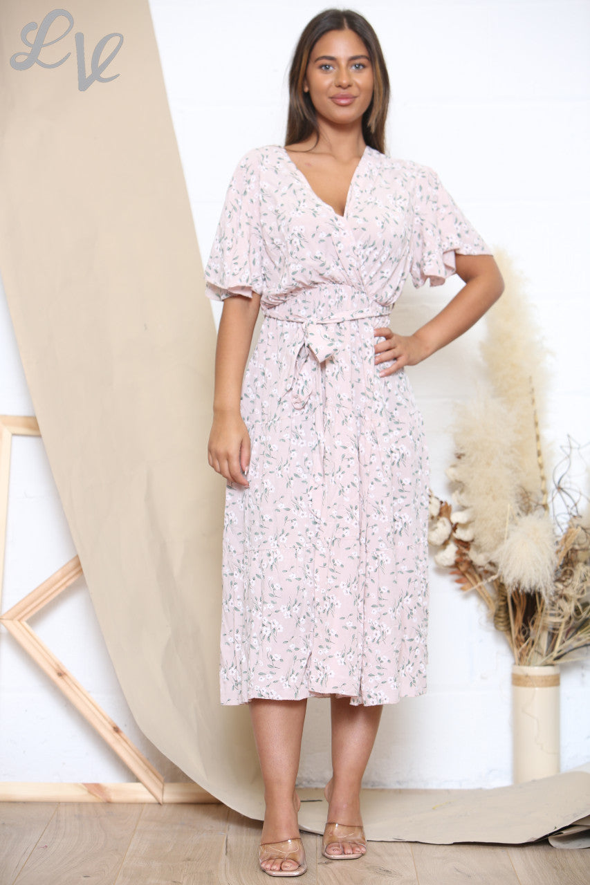 Midi-jurk voor dames met bloemenprint en roze stippen