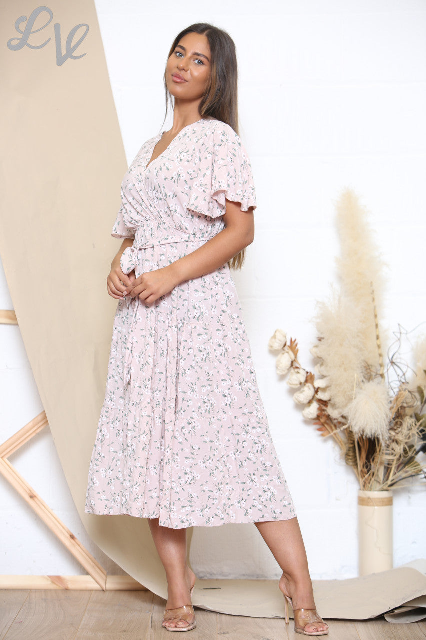 Midi-jurk voor dames met bloemenprint en roze stippen