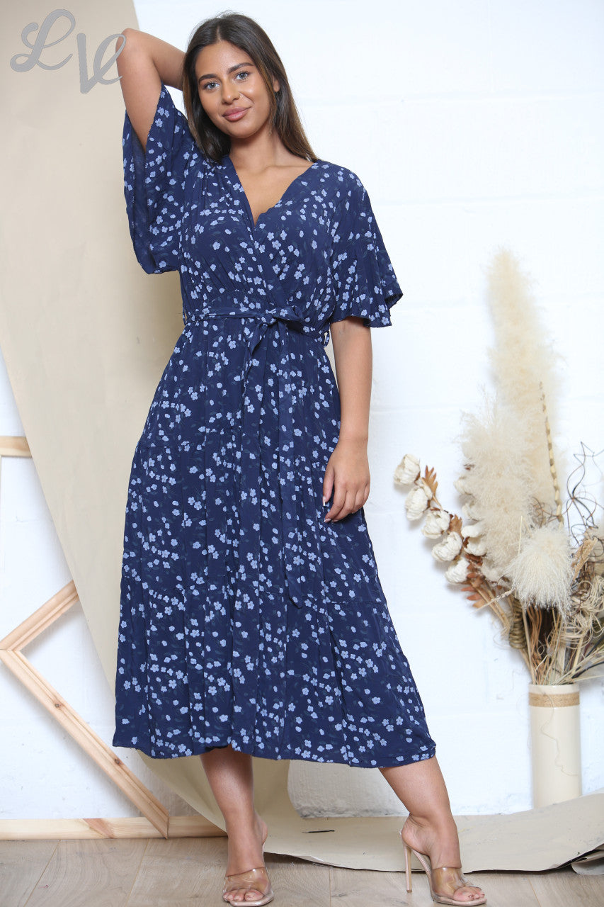 Ladies Ditsy Floral Print Midi Dress Navy