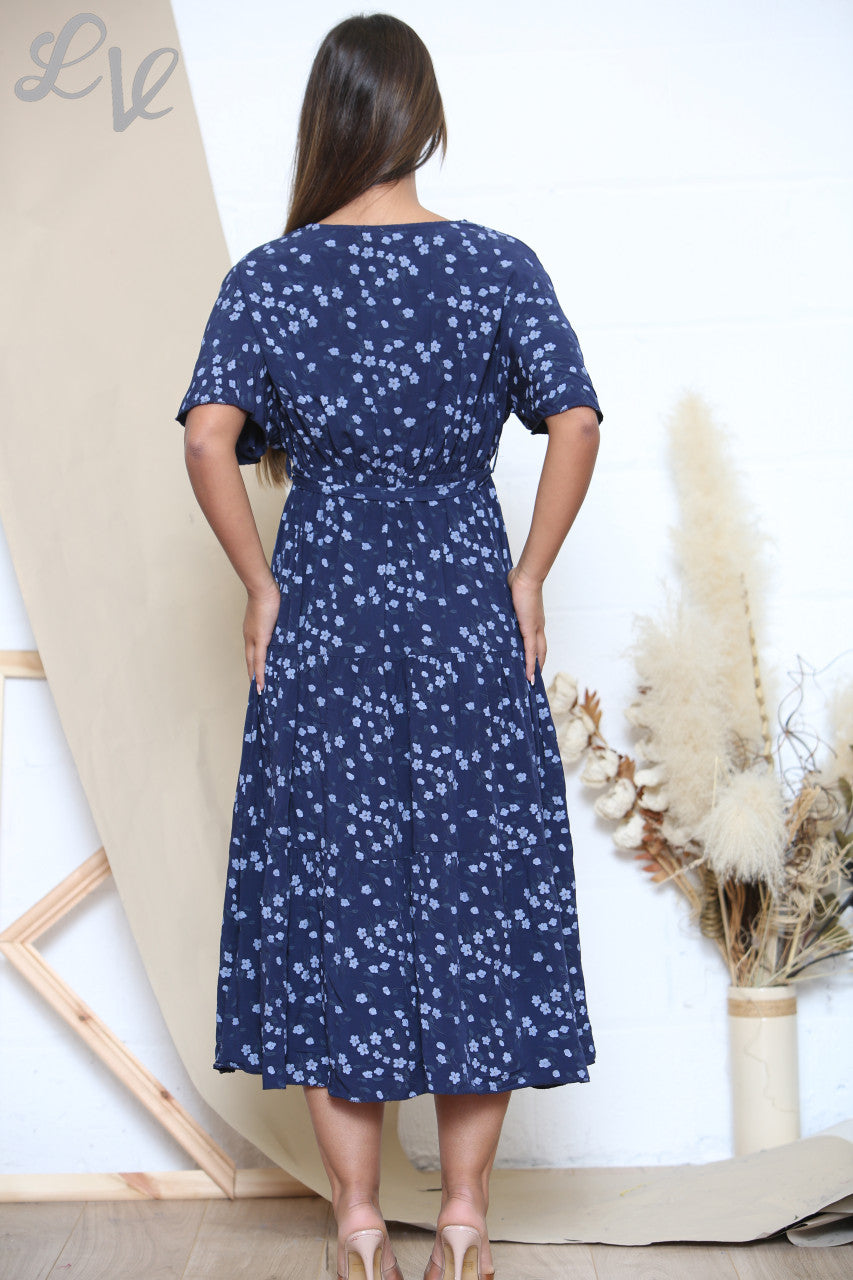 Ladies Ditsy Floral Print Midi Dress Navy