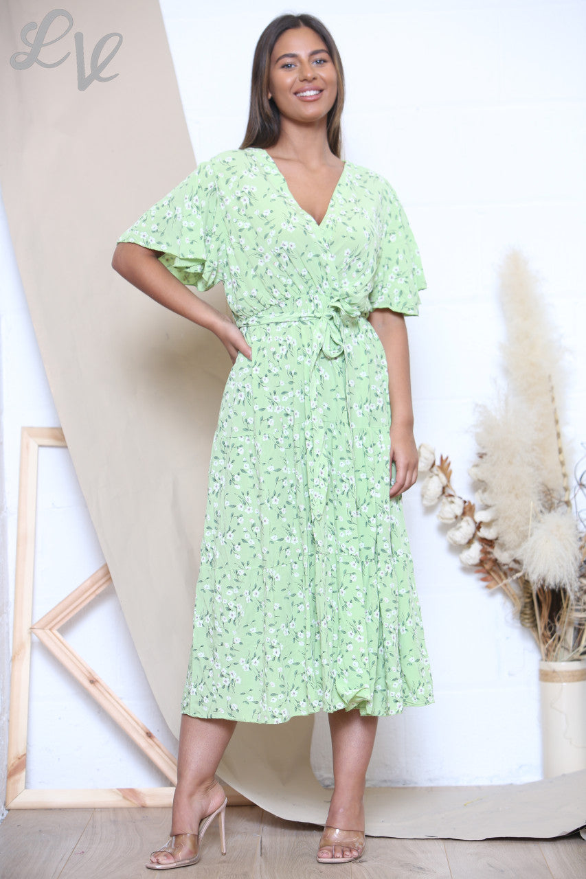 Ladies Ditsy Floral Print Midi Dress Lime