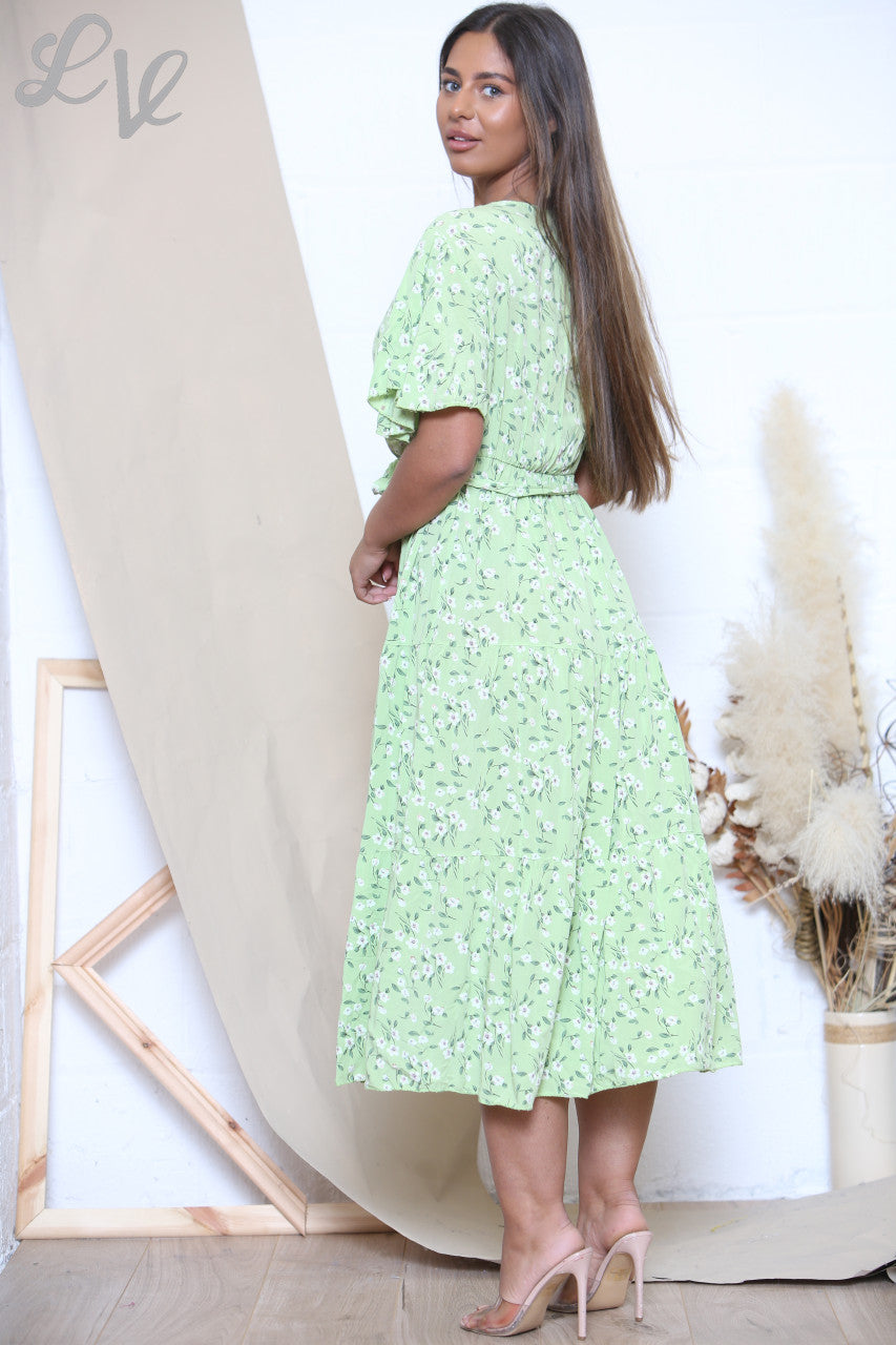 Ladies Ditsy Floral Print Midi Dress Lime