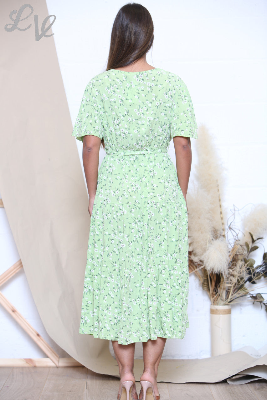 Ladies Ditsy Floral Print Midi Dress Lime