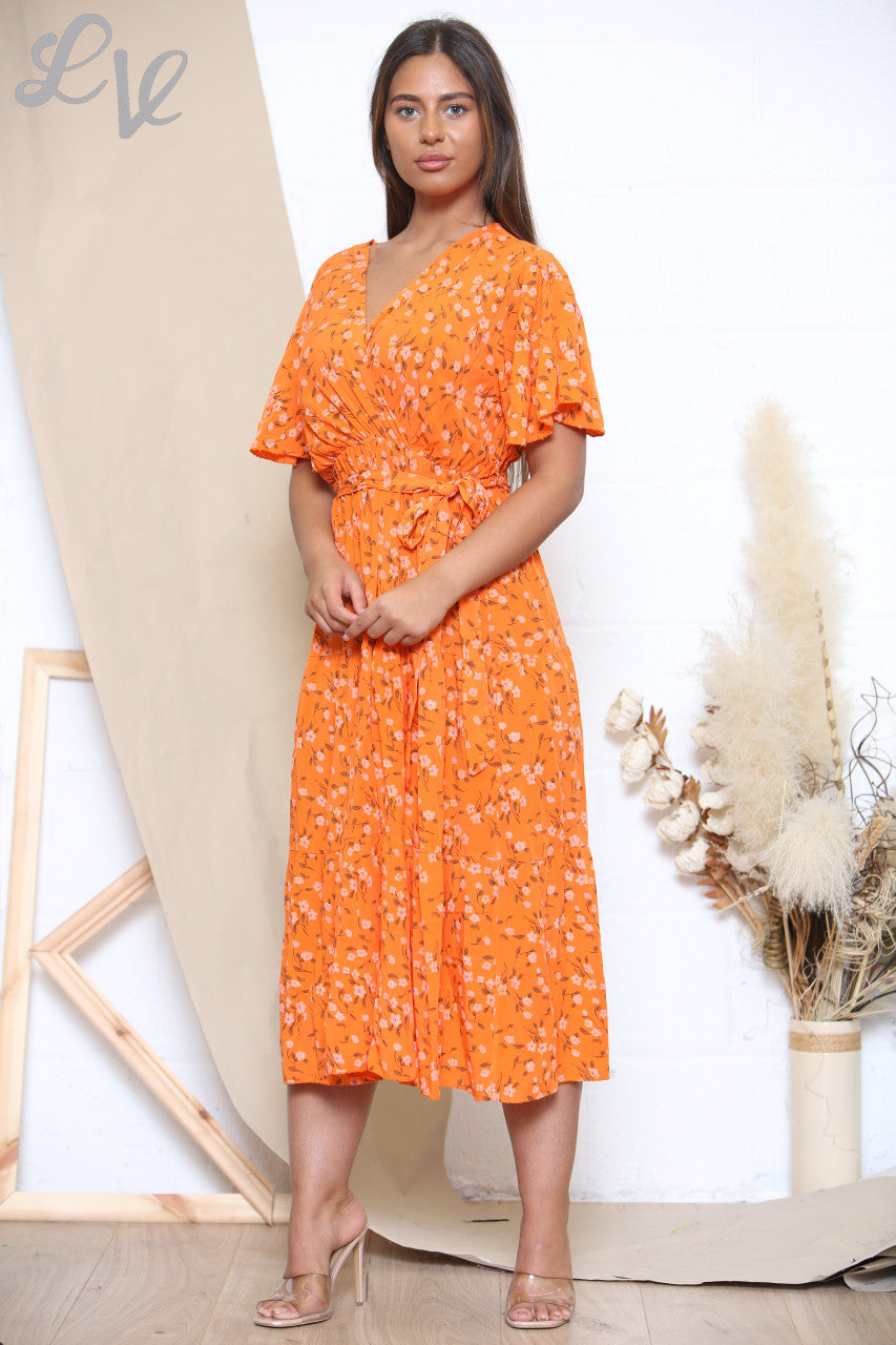 Dames Midi Jurk met Ditsy Bloemenprint Oranje