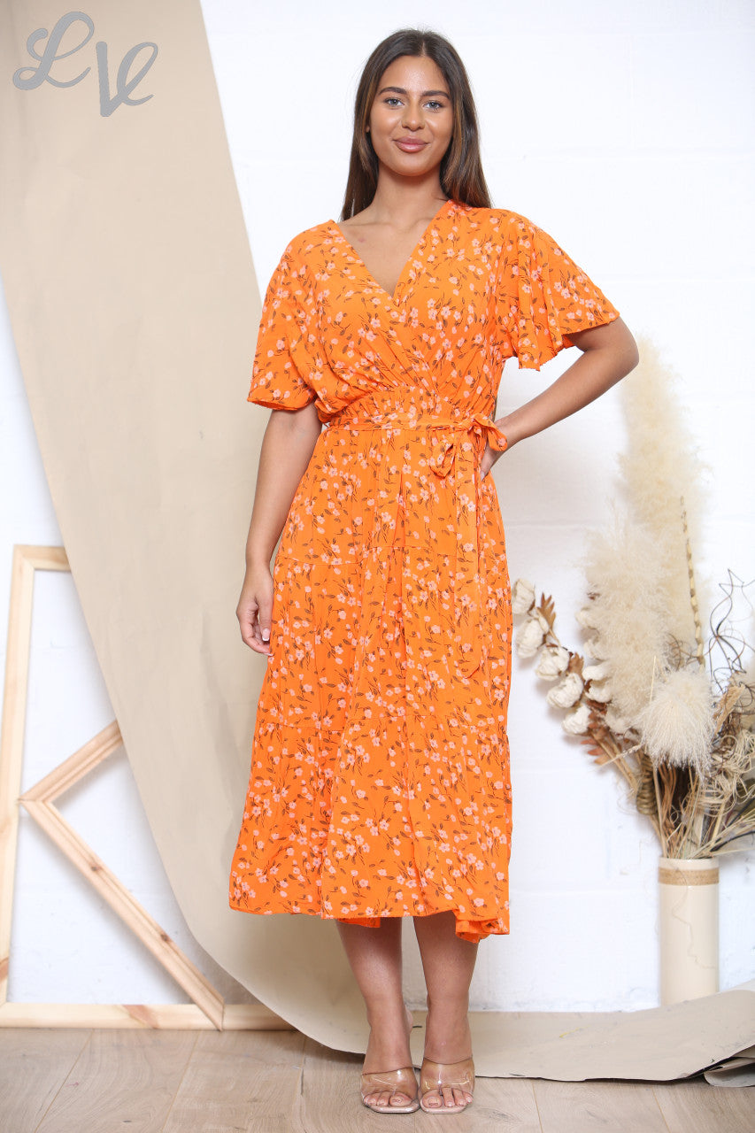 Dames Midi Jurk met Ditsy Bloemenprint Oranje