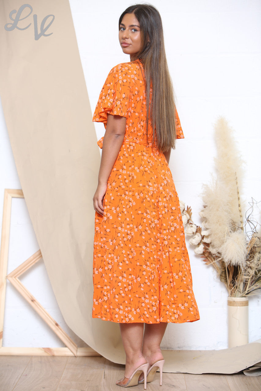 Dames Midi Jurk met Ditsy Bloemenprint Oranje