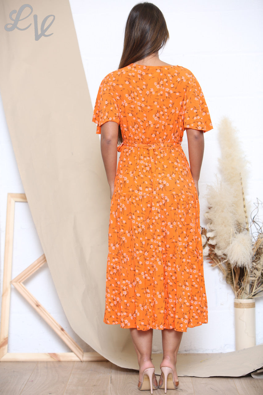 Dames Midi Jurk met Ditsy Bloemenprint Oranje