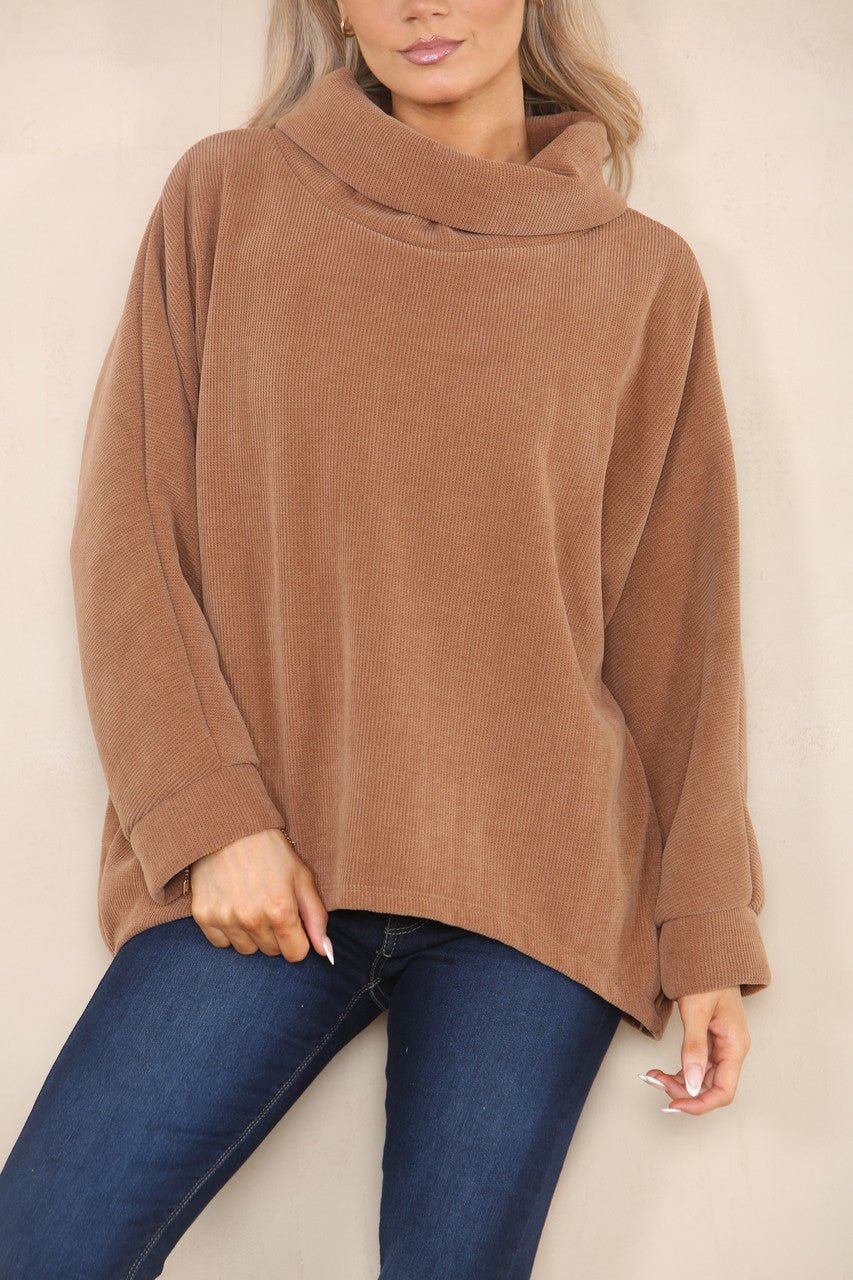 CORD COWL NECK TOP TAN