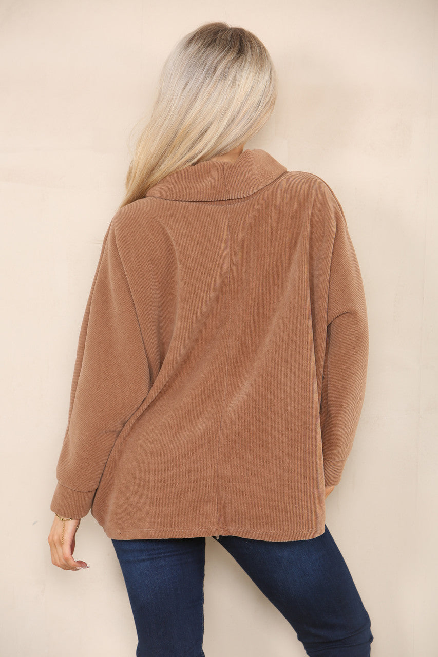 CORD COWL NECK TOP TAN